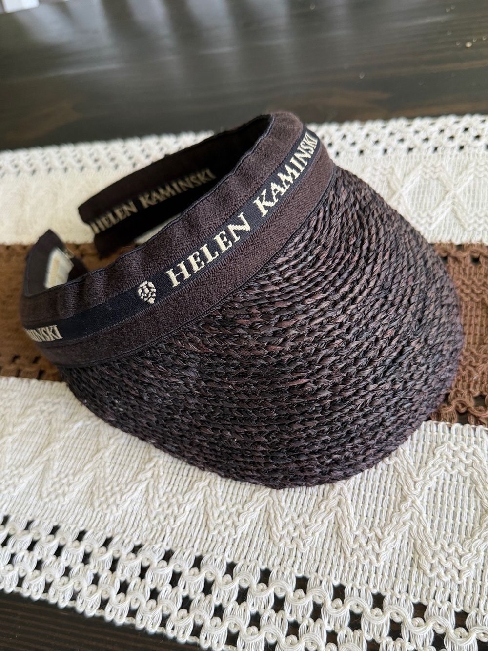 Helen Kaminski Chocolate Brown & Black Bianca Raffia Braid Visor Hat - Picture 6 of 10